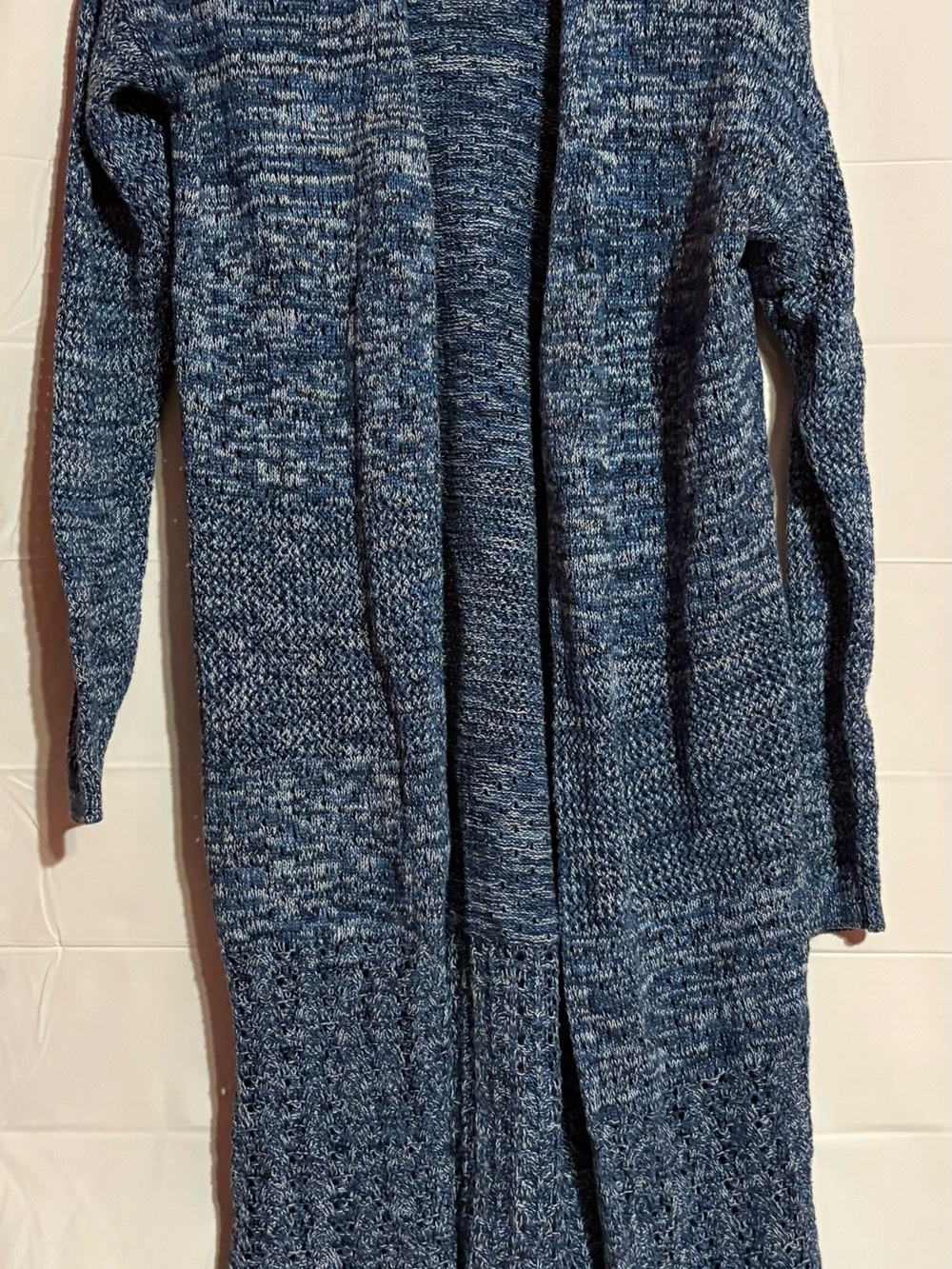 Long Open-Front Marled Blue Women's Cardigan